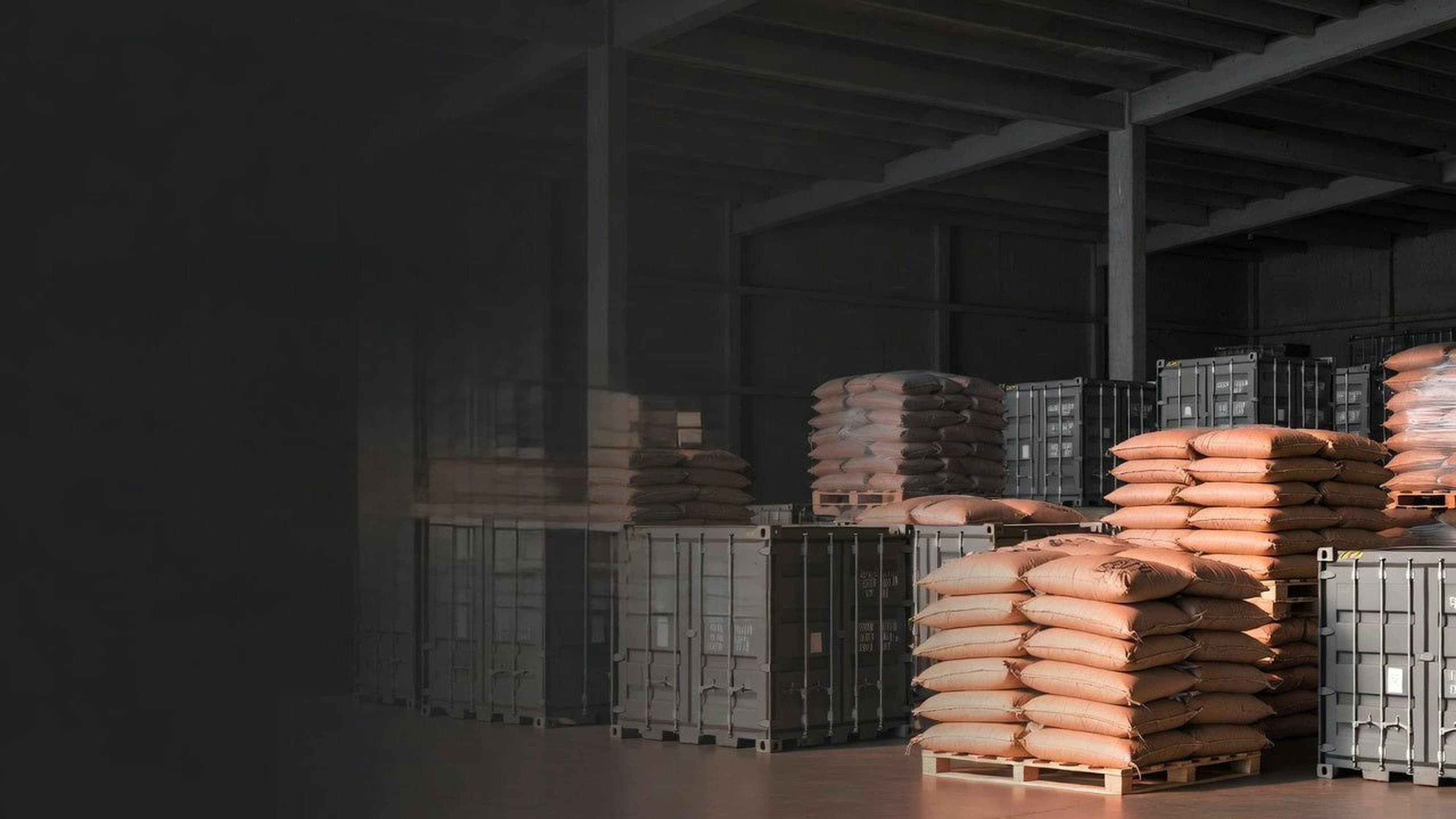 Bulk goods warehouse with stacked commodity sacks, representing supply chain and procurement operations.